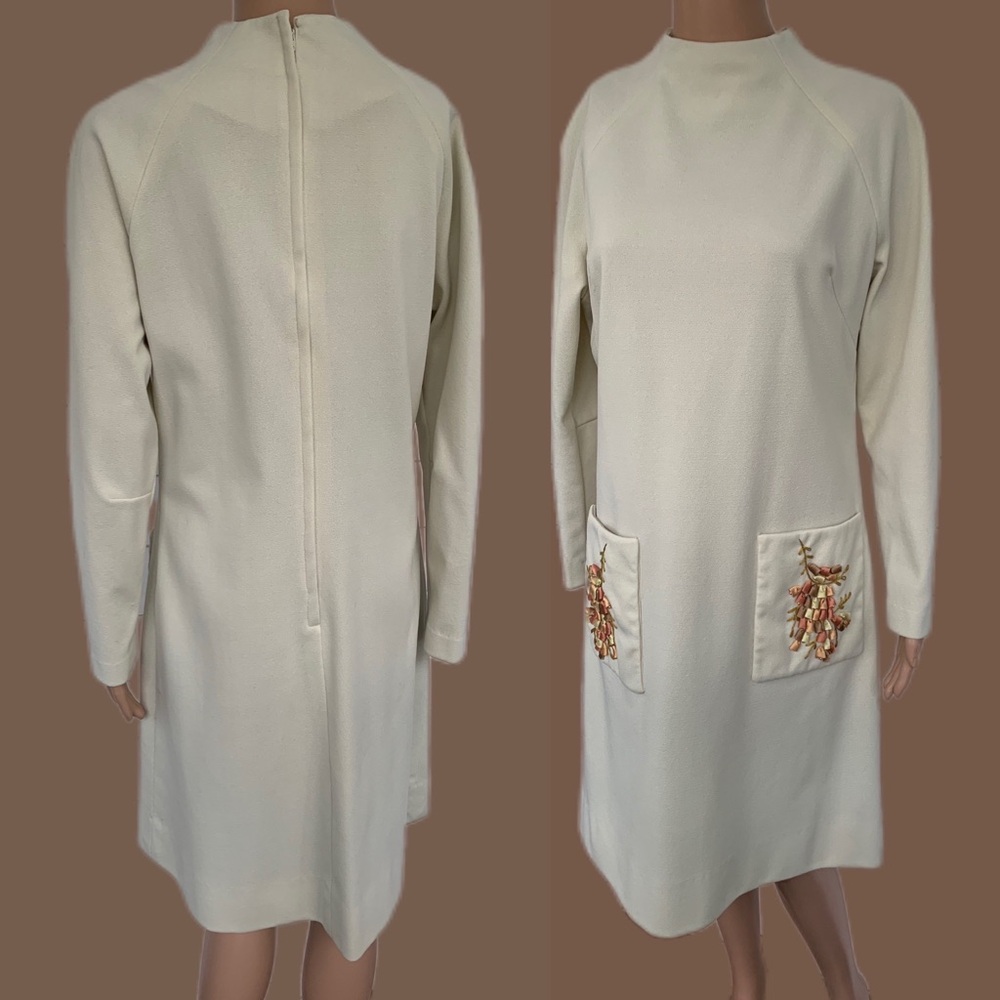 60s Mod Dress Neutral Vintage Retro Funnel Neck Pocket Accents M - Picture 11 of 12